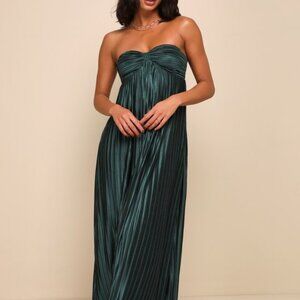Lulus Whimsical Beauty Emerald Green Satin Plisse Strapless Maxi Dress - Size M